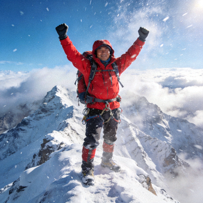 户外登山运动员王峰站在雪山之巅的胜利姿态