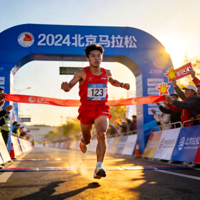 中国马拉松运动员张伟在比赛中冲刺的瞬间